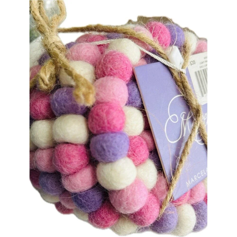 Pink Purple & White Felt Ball Four Piece Coaster Set Kitchen Dining Table Decor